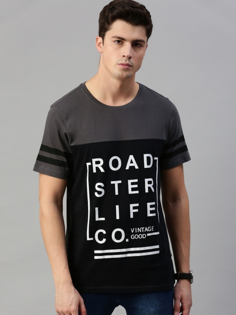 

The Roadster Lifestyle Co Men Charcoal Grey Black Printed Round Neck Pure Cotton T-shirt