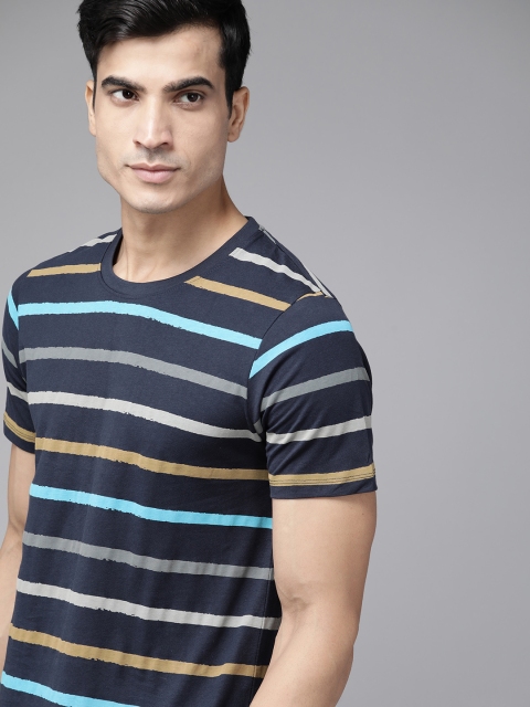Men Navy Blue & Grey Striped Pure Cotton T-shirt