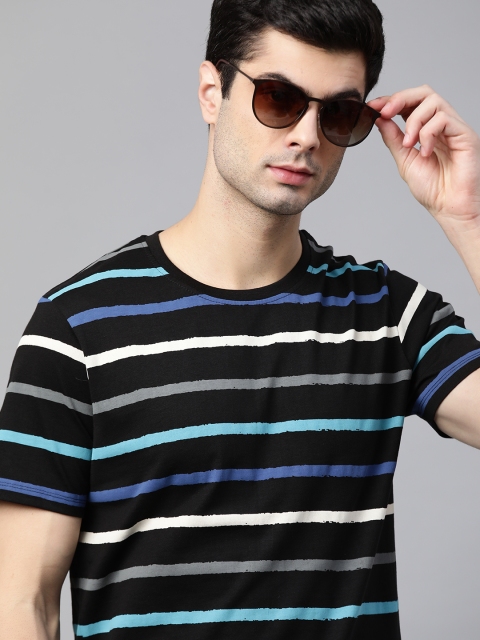 

Roadster Men Black Blue Striped Pure Cotton T-shirt