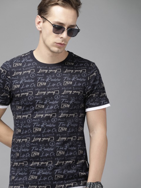

The Roadster Lifestyle Co Men Navy Blue Printed Round Neck Pure Cotton T-shirt