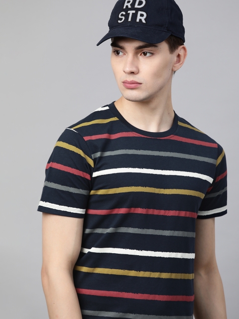 

Roadster Men Navy Blue Striped Pure Cotton T-shirt