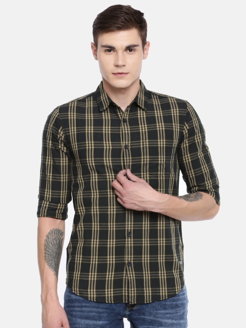 

SPYKAR Men Charcoal Grey & Yellow Slim Fit Checked Casual Shirt
