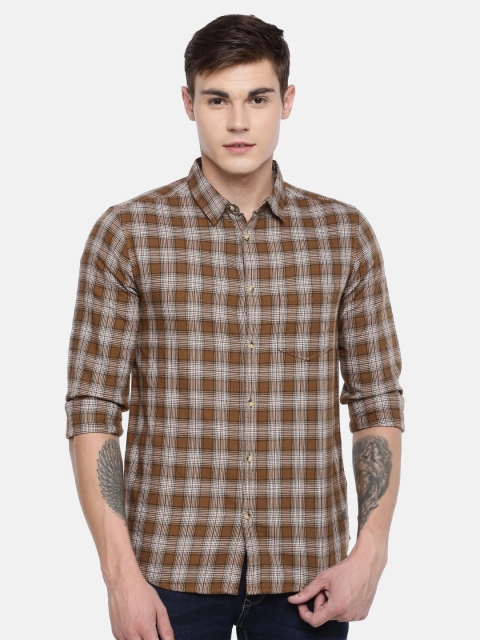 

SPYKAR Men Khaki & Off-White Slim Fit Checked Casual Shirt