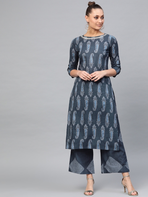 

Indo Era Women Navy Blue & Grey Block Print Kurta with Palazzos