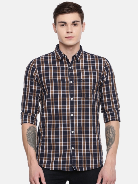 

SPYKAR Men Khaki & Navy Blue Purist Slim Fit Checked Casual Shirt