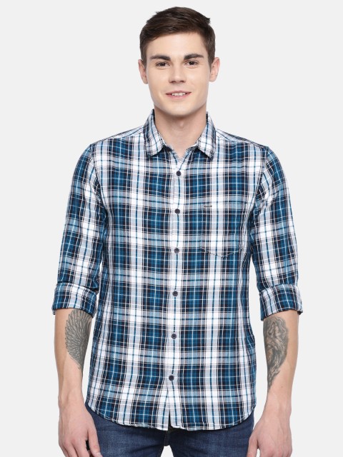 

SPYKAR Men Teal Blue & White Slim Fit Checked Casual Shirt