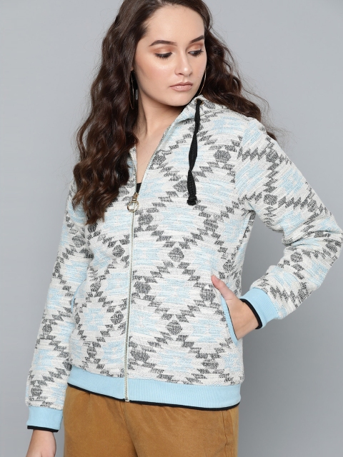 

Carlton London Women Off-White & Blue Self Design Hooded Tailored Jacket