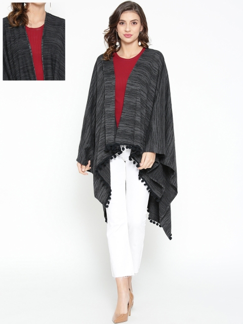 

Skidlers Women Charcoal Grey Reversible Self Design Open Front Cape Shrug