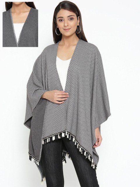 

Skidlers Women Charcoal Grey & Off-White Reversible Self Design Open Front Cape Shrug