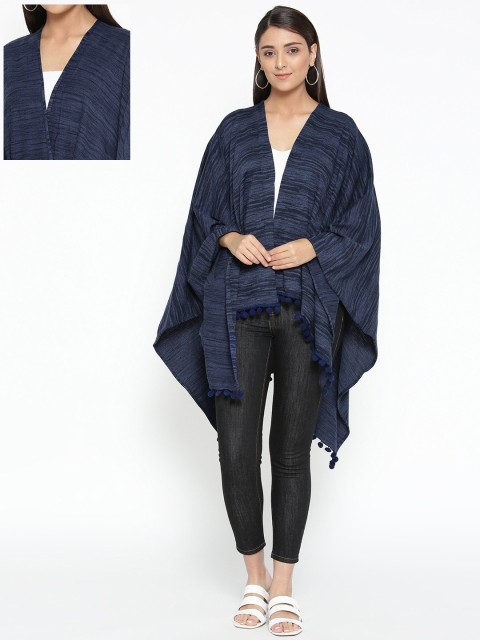 

Skidlers Women Navy Blue Reversible Self Design Open Front Cape Shrug