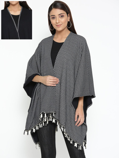 

Skidlers Women Black & White Self Design Open Front Reversible Cape Shrug