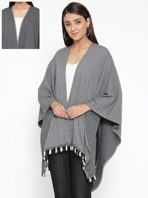 

Skidlers Women Charcoal Grey & White Striped Open Front Reversible Cape Shrug