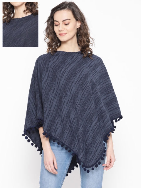 

Skidlers Women Navy Blue Reversible Self Design Poncho Sweater