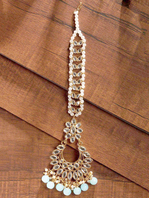 

Zaveri Pearls Gold-Toned & Blue Kundan & Dangling Beaded Maangtikka