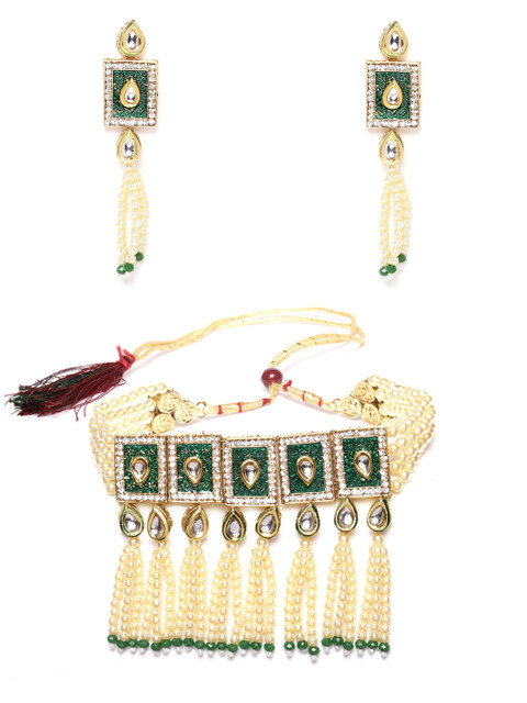 

Zaveri Pearls Cream-Coloured Gold-Plated Kundan-Studded & Beaded Enamelled Jewellery Set