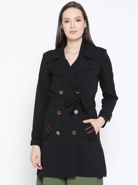 

Trufit Women Black Solid Double Breasted Trench Coat