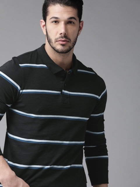 

Roadster Men Black & Blue Striped Polo Collar T-shirt