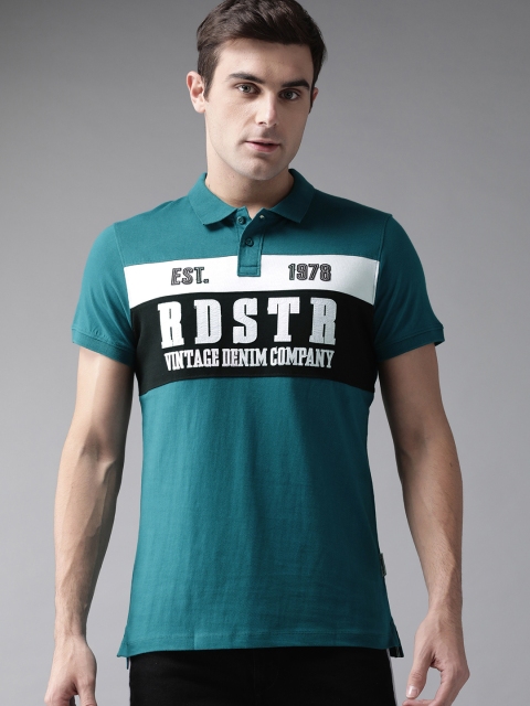 

Roadster Men Teal Blue & Black Self Design Polo Collar T-shirt
