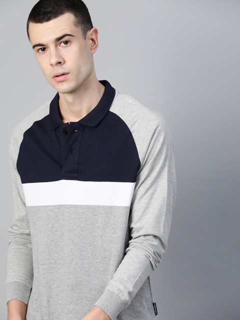 

Roadster Men Grey Melange & Navy Blue Colourblocked Polo Collar T-shirt