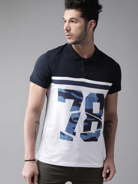 

Roadster Men White & Navy Blue Printed Polo Collar T-shirt