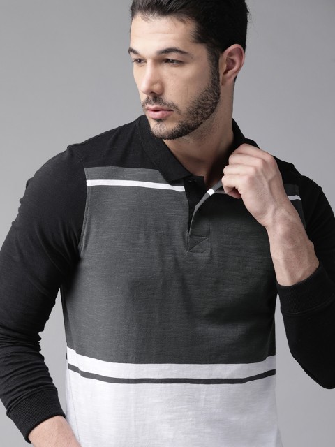 

Roadster Men Charcoal Grey & White Colourblocked Polo Collar T-shirt