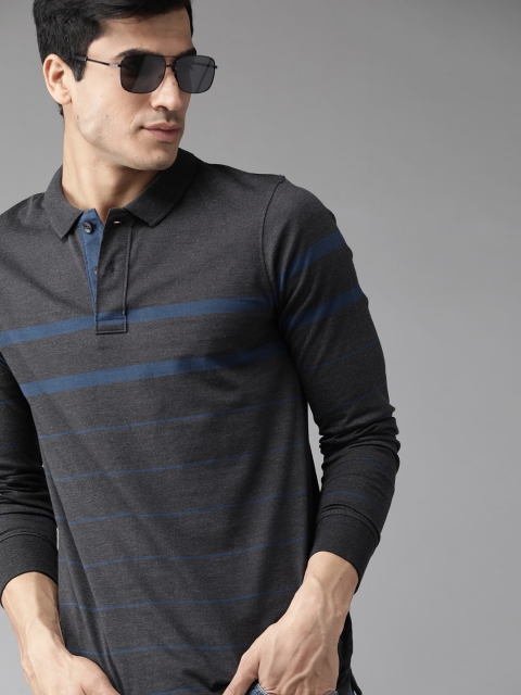 

Roadster Men Charcoal Grey & Blue Striped Polo Collar T-shirt