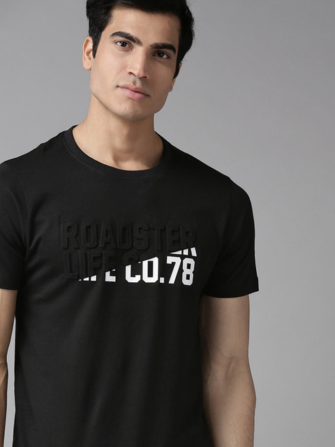 

Roadster Men Black Embossed Printed Round Neck T-shirt