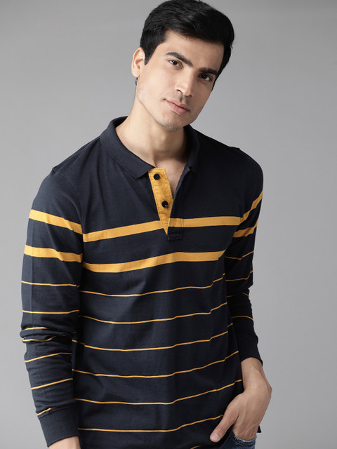 

Roadster Men Navy Blue & Mustard Yellow Striped Polo Collar T-shirt
