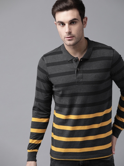 

Roadster Men Charcoal Grey & Mustard Yellow Striped Polo Collar T-shirt