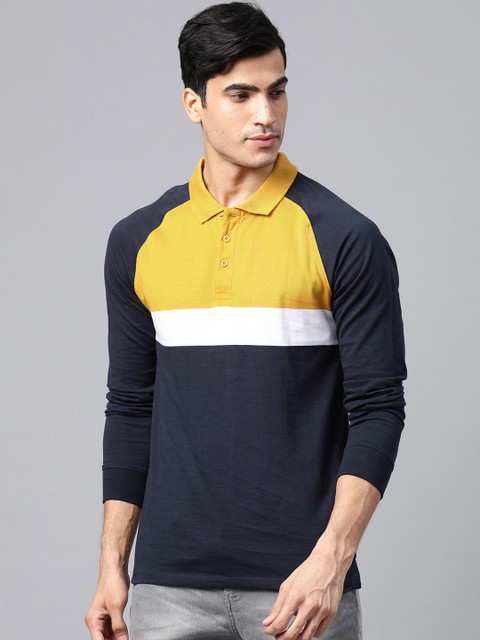 

Roadster Men Navy Blue & Mustard Yellow Colourblocked Polo Collar T-shirt