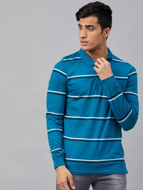 

The Roadster Lifestyle Co Men Blue Striped Polo Collar T-shirt