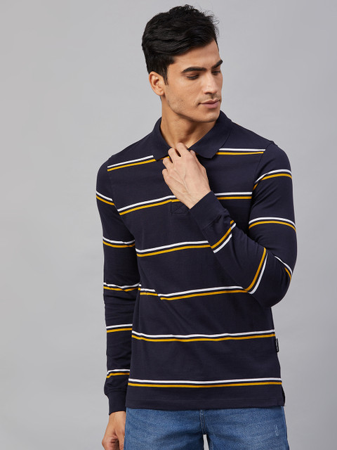 

The Roadster Lifestyle Co Men Navy Blue and Yellow Striped Polo Collar T-shirt