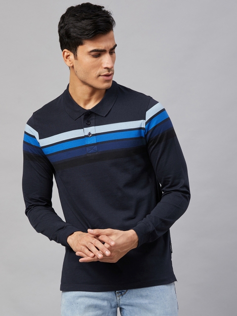 

Roadster Men Navy Blue Striped Polo Collar T-shirt
