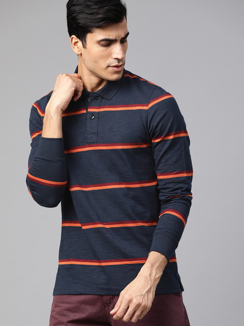 

Roadster Men Navy Blue & Orange Striped Polo Collar T-shirt