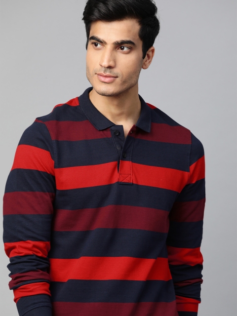 

Roadster Men Navy Blue & Red Striped Polo Collar T-shirt