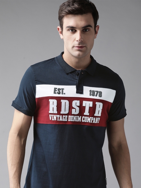 

Roadster Men Navy Blue & Maroon Colourblocked Embroidered Polo Collar T-shirt