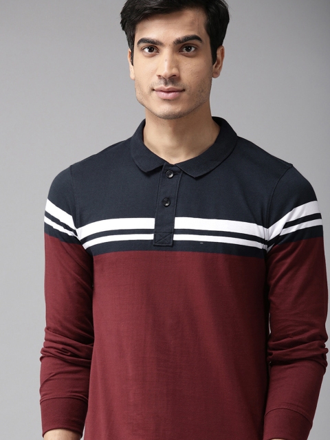 

Roadster Men Maroon & Navy Blue Colourblocked Polo Collar T-shirt
