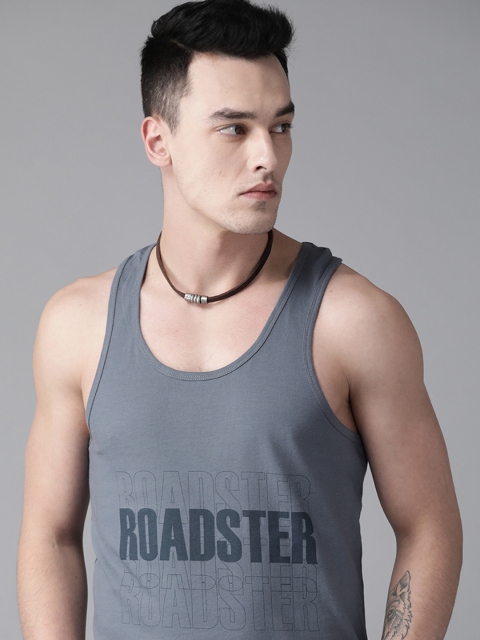 

Roadster Men Grey Printed Scoop Neck Tank Pure Cotton T-shirt