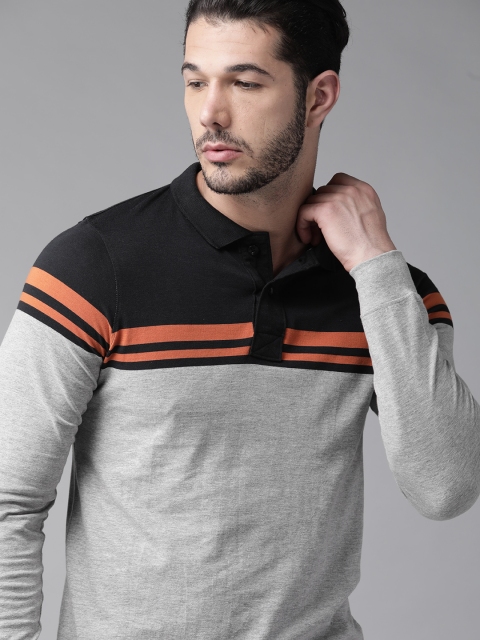 

Roadster Men Grey Melange & Black Colourblocked Polo Collar T-shirt