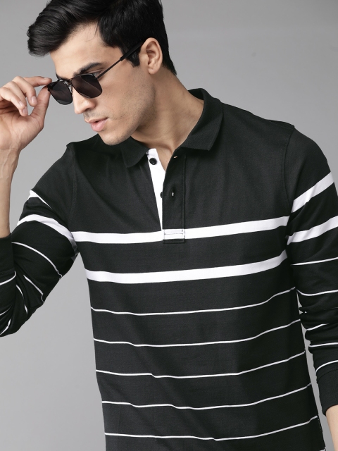 

Roadster Men Black & White Striped Polo Collar T-shirt