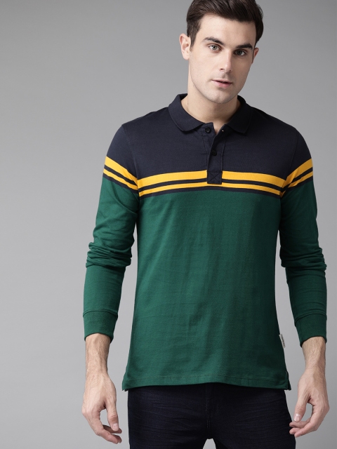 

Roadster Men Green & Navy Blue Colourblocked Polo Collar T-shirt