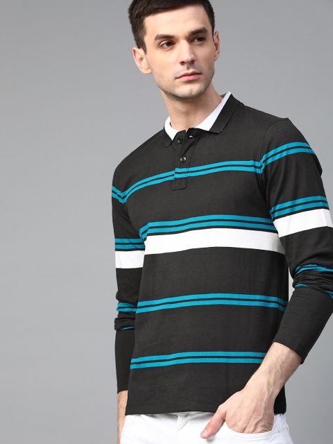 

Roadster Men Black & Blue Striped Polo Collar T-shirt