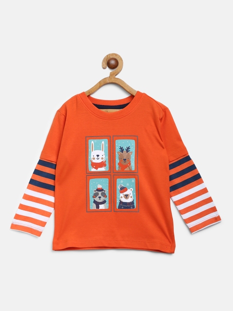 

Nauti Nati Boys Orange Printed Round Neck Pure Cotton T-shirt