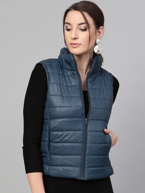 Women Navy Blue Solid Lightweight Puffer Jacket