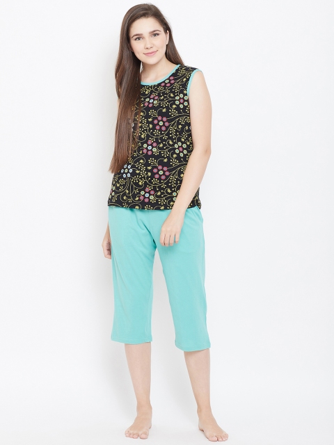 

9teenAGAIN Women Black & Sea Green Printed Night Suit