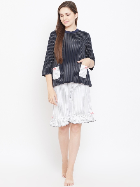 

9teenAGAIN Women Navy Blue & White Striped Night suit