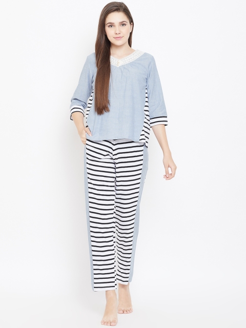 

9teenAGAIN Women Blue & White Solid Night Suit
