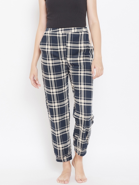 

9teenAGAIN Women Beige & Navy Blue Checked Lounge Pants