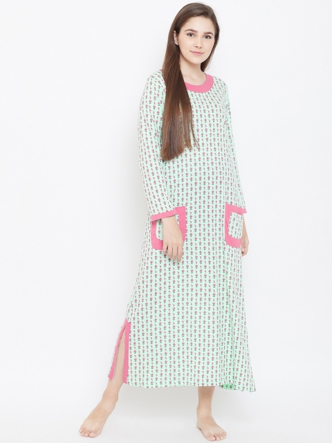 

9teenAGAIN Sea Green & Pink Printed Maxi Nightdress