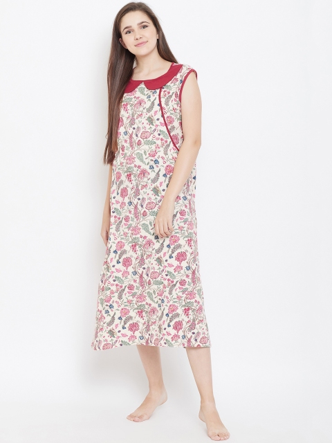 

9teenAGAIN Off-White & Pink Printed Nursing Midi Nightdress